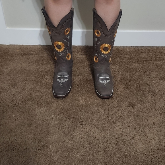 Mexican sunflower leather cowgirl boots size 9.5 womens new botas cuero stitched - Picture 4 of 11